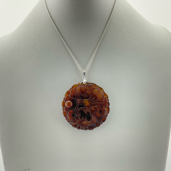 Jade Dragon Pendant, Handmade, Brown Jade, Lucky Stone, 18k Gold Plated Bail - Picture 7 of 11